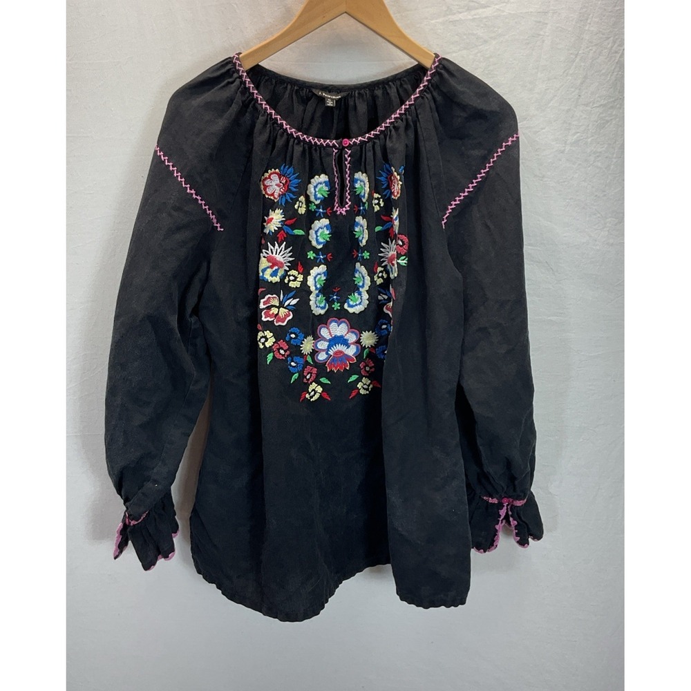 J Peterman SZ XL Blouse Embroidered Floral Black Cotton Boho‎ Linen Blnd Casual